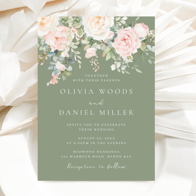 Blush Flowers & Sage Green Botanical Wedding Invitation (Creator Uploaded)