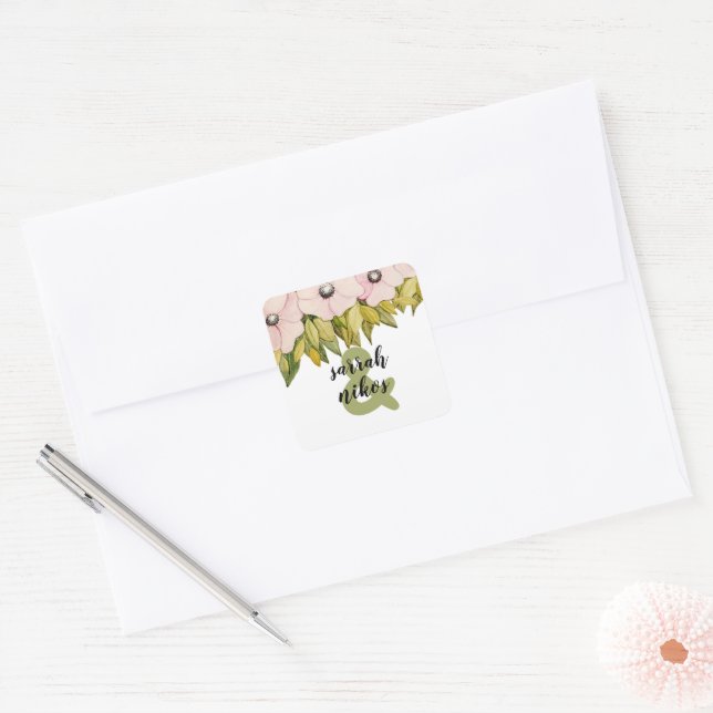 Blush Flowers Sage Green Monogrammed Square Sticker (Envelope)