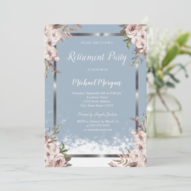Blush Flowers Silver Frame Dusty Blue Retirement  Invitation (Standing Front)