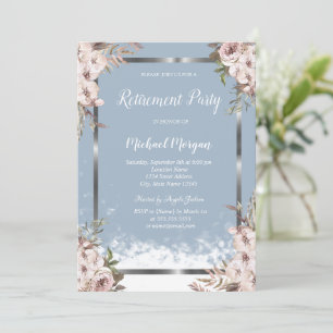 Blush Flowers Silver Frame Dusty Blue Retirement  Invitation