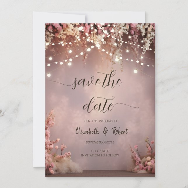 Blush Flowers String Lights Save The Date (Front)
