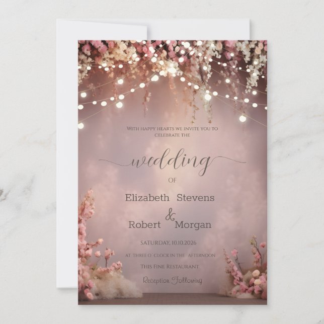 Blush Flowers String Lights Wedding Invitation (Front)