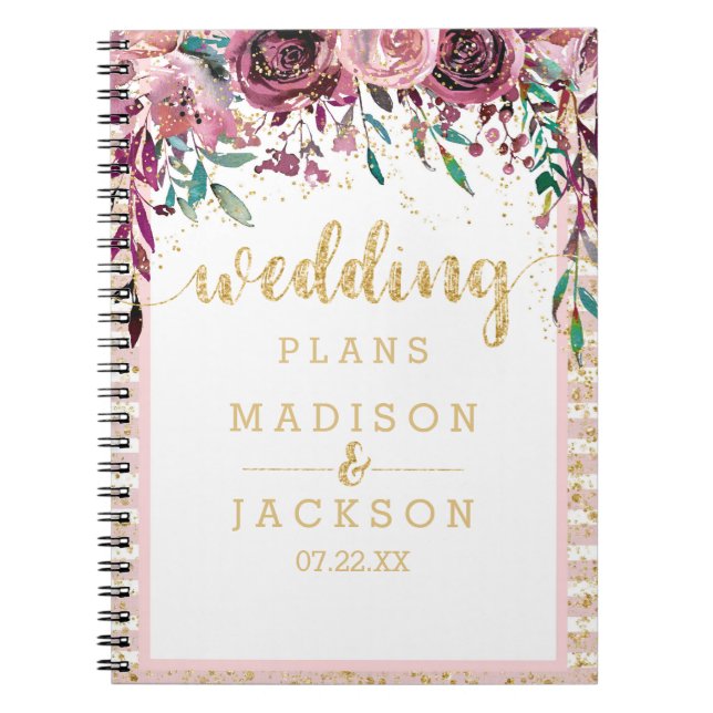 Blush Flowers Stripes & Gold Wedding Planner Notebook (Front)