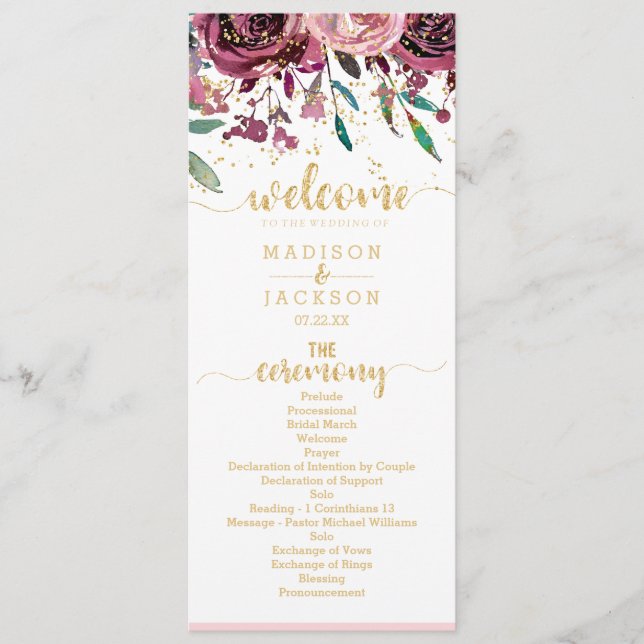 Blush Flowers Stripes & Gold Wedding Program Programme (Front)