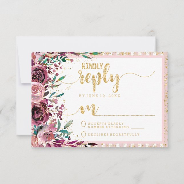 Blush Flowers Stripes & Gold Wedding Reply RSVP Card (Front)