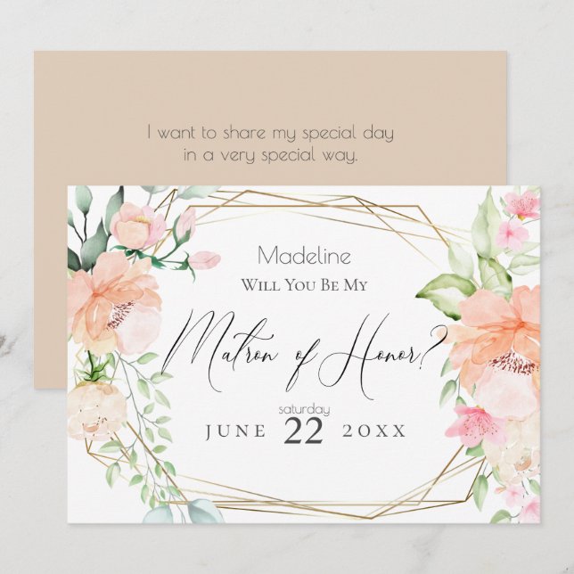 Blush Flowers Will You Be My Matron of Honour Invitation (Front/Back)