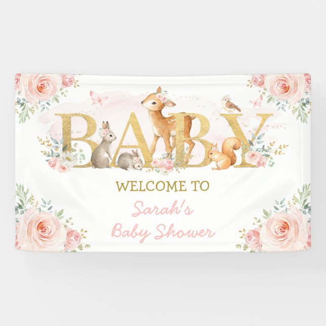 Blush Flowers Woodland Animals Baby Shower Welcome Banner (Horizontal)