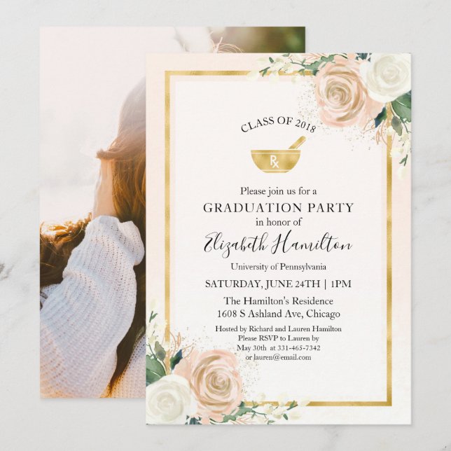 Blush & Foil Gold Pharmacy School Grad Party Photo Invitation (Front/Back)