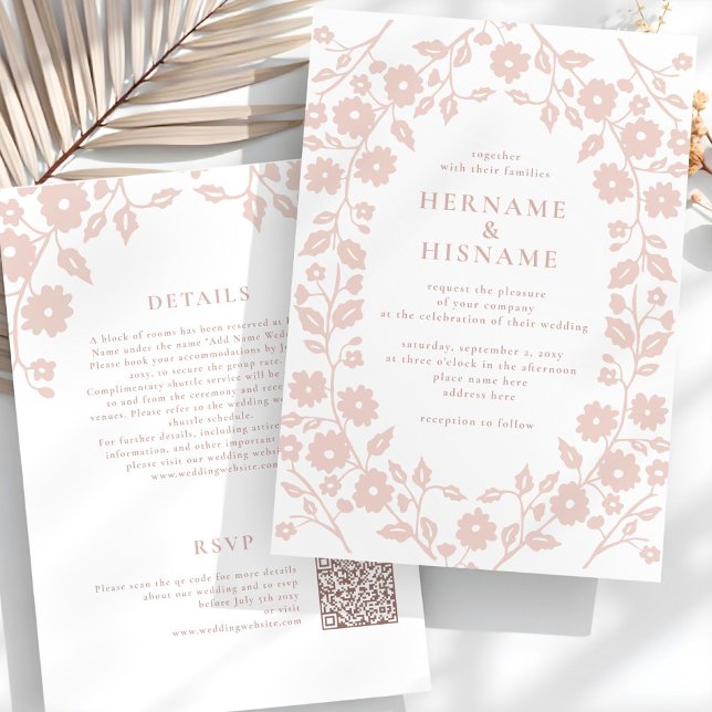 Blush Folk Floral QR RSVP All-In-One Wedding Invitation (Creator Uploaded)