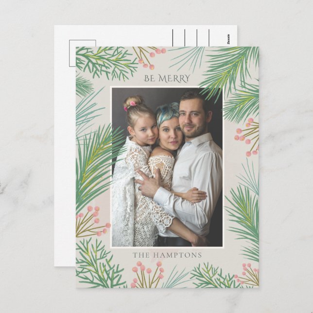 Blush Forest Pine Holly Berry Photo Holiday Postcard (Front/Back)