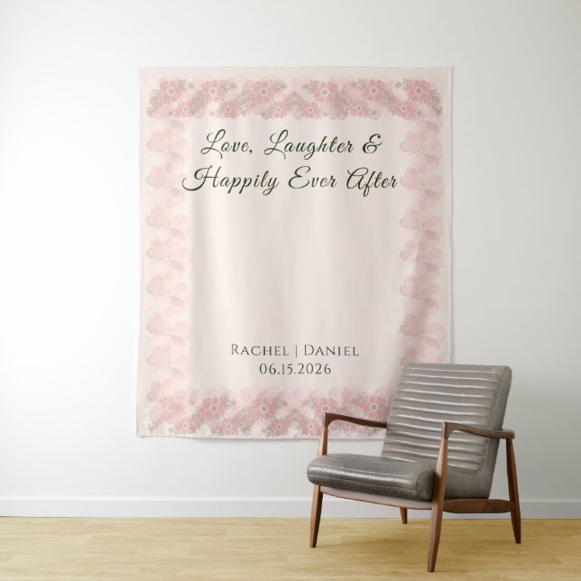 Blush Garden Floral Minimal Wedding Photo Backdrop Tapestry (In Situ)