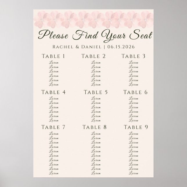 Blush Garden Floral Minimal Wedding Seating Chart (Front)
