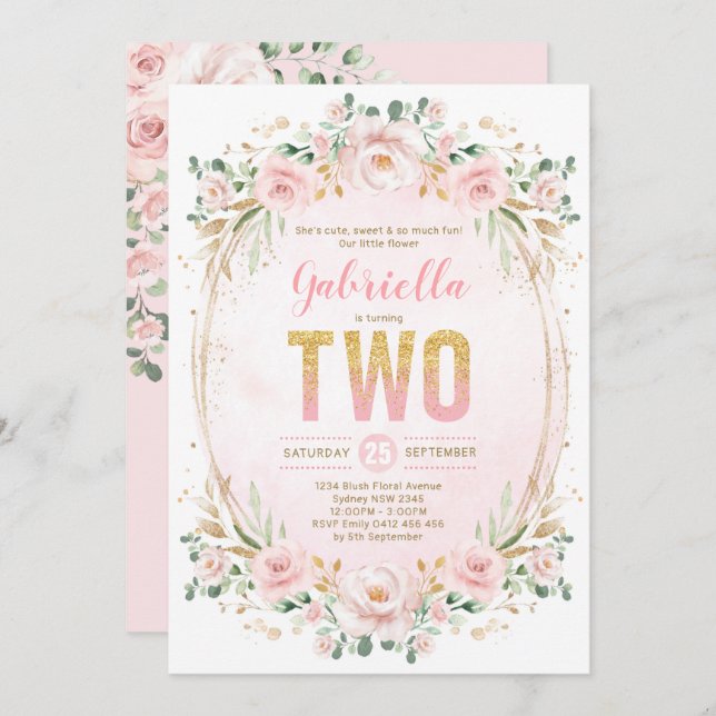 Blush Garden Floral Pink Gold Girl 2nd Birthday Invitation (Front/Back)