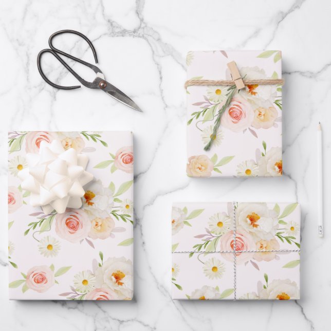 Blush Garden Flowers Wrapping Paper Sheet (Front)