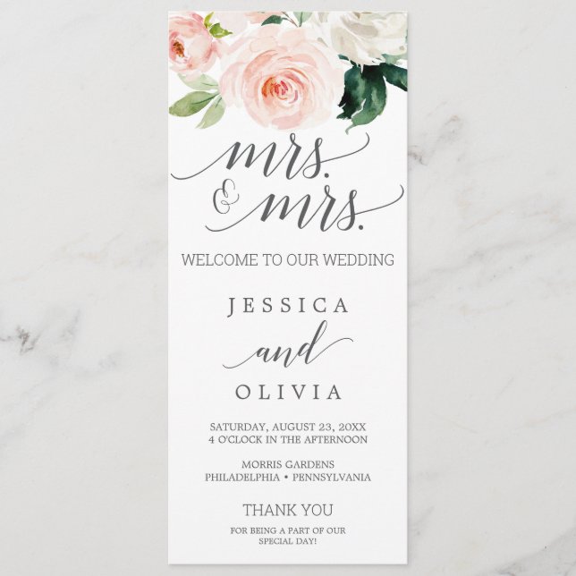 Blush Gay Wedding Program Blushing Blooms Mrs Programme (Front)