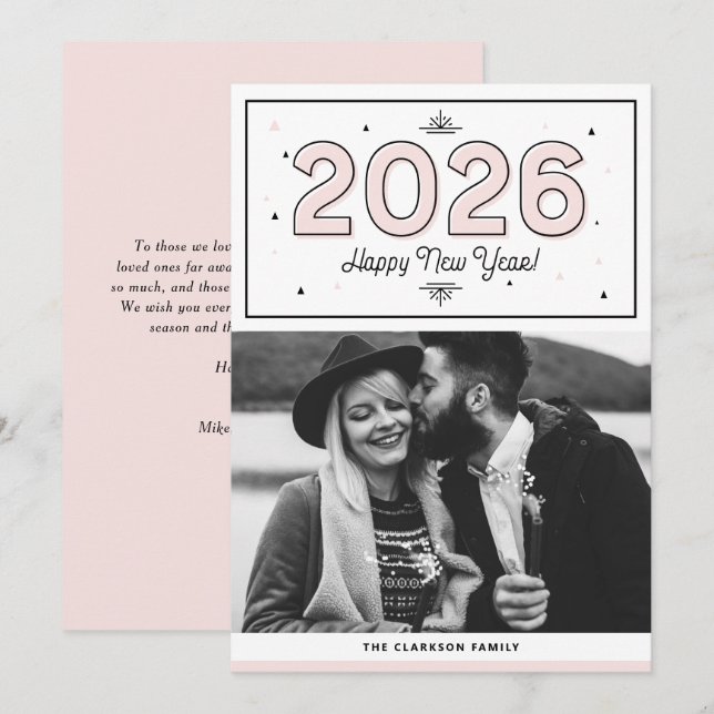 Blush Geometric Typography Photo Happy New Year Holiday Card (Front/Back)