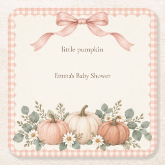 Blush Gingham Little Pumpkin Baby Shower Square Paper Coaster