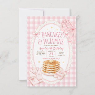 Blush Gingham Pancakes and Pyjamas Girls Birthday Invitation
