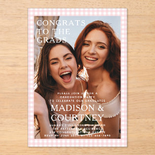 Blush Gingham Two Grads Photo Graduation Party Acrylic Invitations
