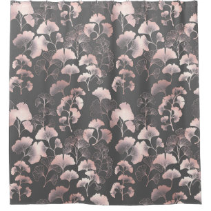 Blush Ginkgo Luxe – Gold Botanical on Black Shower Curtain