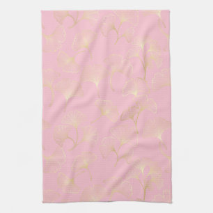 Blush Ginkgo Luxe – Gold Botanical on Pink (2) Tea Towel