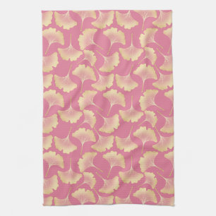 Blush Ginkgo Luxe – Gold Botanical on Pink (3) Tea Towel