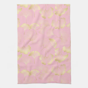 Blush Ginkgo Luxe – Gold Botanical on Pink (5) Tea Towel