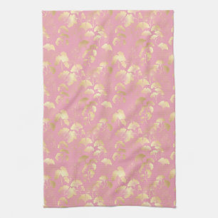 Blush Ginkgo Luxe – Gold Botanical on Pink (7) Tea Towel