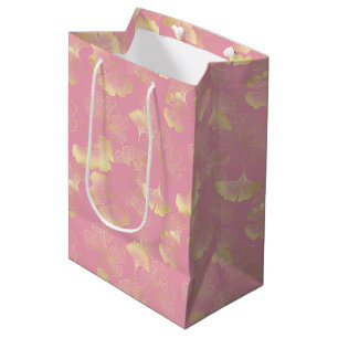 Blush Ginkgo Luxe – Gold Botanical on Pink Medium Gift Bag