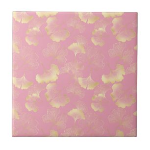 Blush Ginkgo Luxe – Gold Botanical on Pink Tile