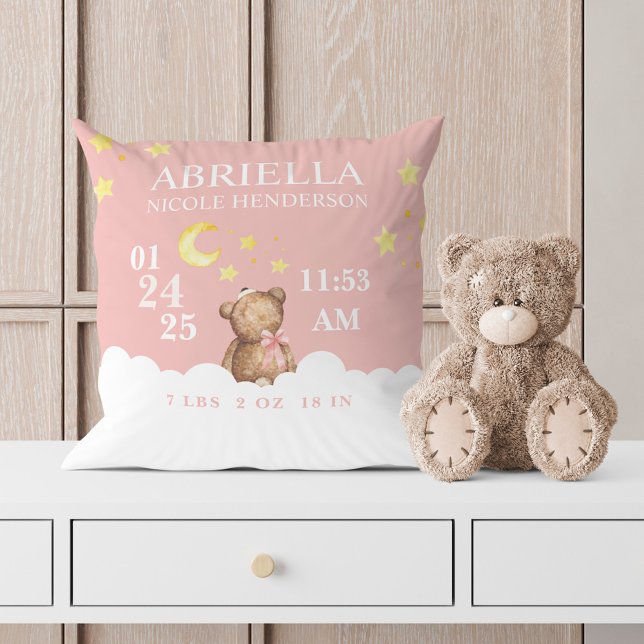 Blush Girl Teddy Bear Birth Stats Nursery Pillow (Creator Uploaded)