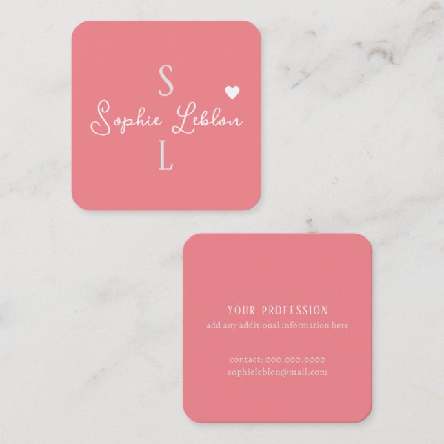 Blush Girly Calligraphy Romantic Monogram Square Business Card (Front/Back)