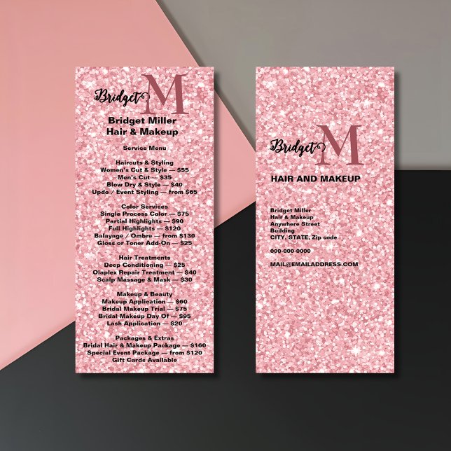 Blush Glitter Beauty salon monogram Price List  Rack Card (Creator Uploaded)