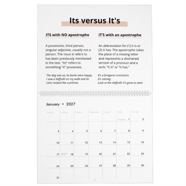 Blush Glitter Boss Lady CEO Monogram Spelling Calendar (Jan 2027)