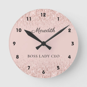 Blush Glitter Boss Lady CEO Personalised Keepsake Round Clock