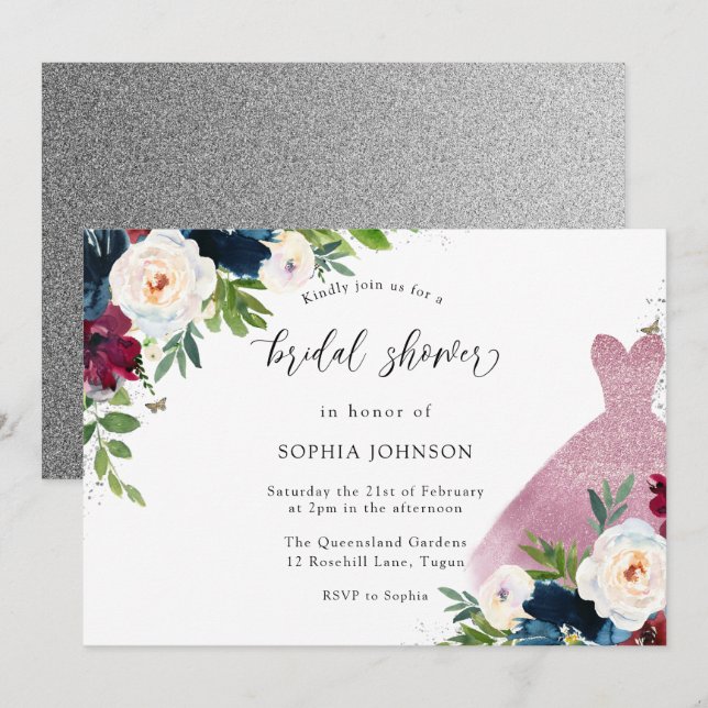 Blush Glitter Dress Burgundy & Navy Bridal Shower Invitation (Front/Back)
