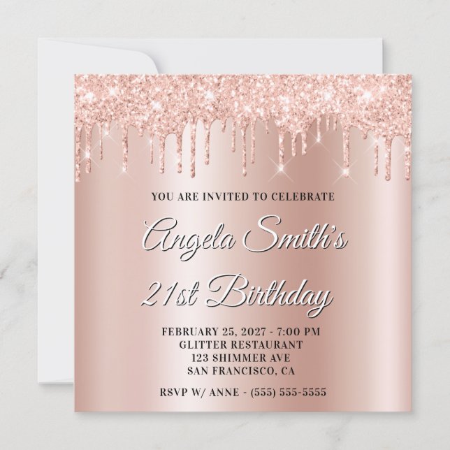 Blush Glitter Drips Rose Gold Ombre Drop Shadow Invitation (Front)