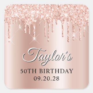 Blush Glitter Drips Rose Gold Ombre Drop Shadow Square Sticker