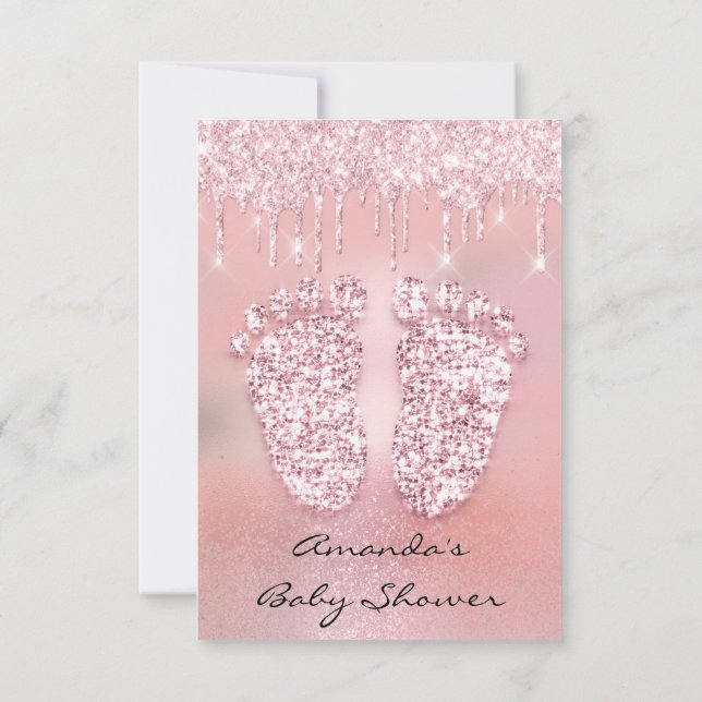Blush Glitter Drips Rose Pink  Baby Shower Feet Invitation (Back)