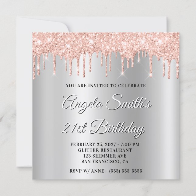 Blush Glitter Drips Silver Ombre Drop Shadow Invitation (Front)
