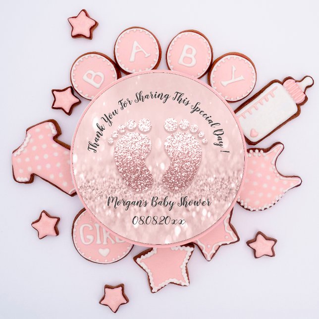 Blush Glitter Feet Baby Shower Favour Thank You Classic Round Sticker (Blush Glitter Feet Baby Shower Favor Thank You Classic Round Sticker)
