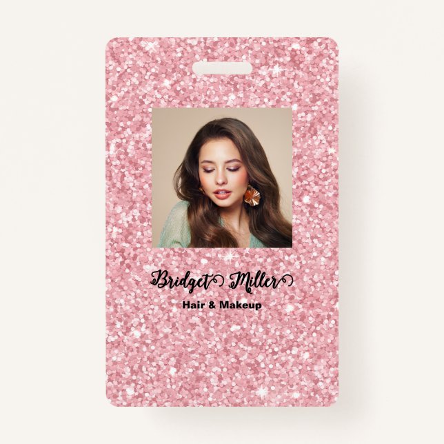 Blush Glitter hair salon elegant script photo ID Badge (Front)