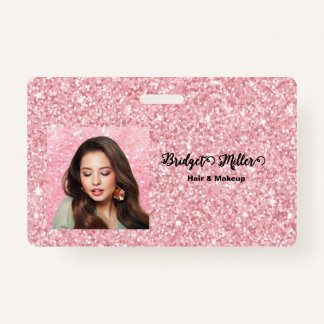 Blush Glitter hair salon elegant script photo ID Badge