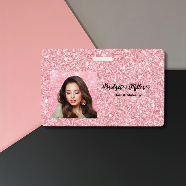 Blush Glitter hair salon elegant script photo ID Badge (Creator Uploaded)