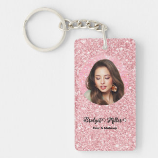 Blush Glitter hair salon elegant script photo Key Ring