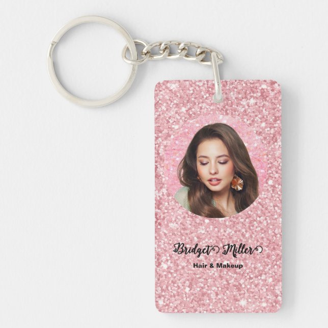 Blush Glitter hair salon elegant script photo Key Ring (Front)