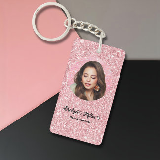 Blush Glitter hair salon elegant script photo Key Ring