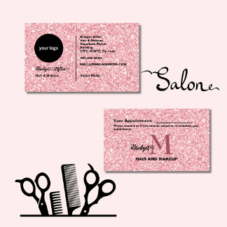 Blush Glitter hair salon monogram Logo Appointment Card