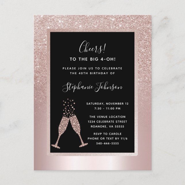 Blush Glitter Ombre 40th Birthday Party Invitation Postcard (Front)