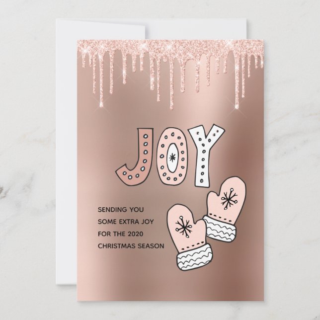 Blush Glitter Rose Gold Metal Christmas 2020 Joy Holiday Card (Front)